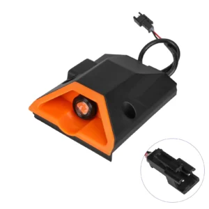 Esquina frontal izquierda envolvente Kukirin G2 Pro DB con luz LED de ojo de gato (negro y naranja)