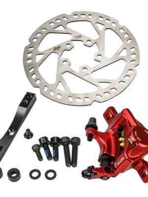 Juego de frenos Xtech rojos con disco de 135 mm y adaptador negro