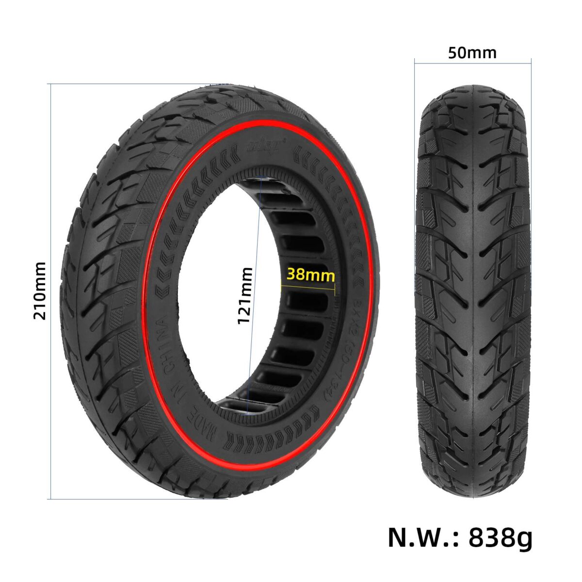 Neumático sólido Ulip 8.5*2(50-134) con círculo rojo para scooters VSETT 9 y 9+ / ZERO 8/9 / Inokim Light 2 - Imagen 2