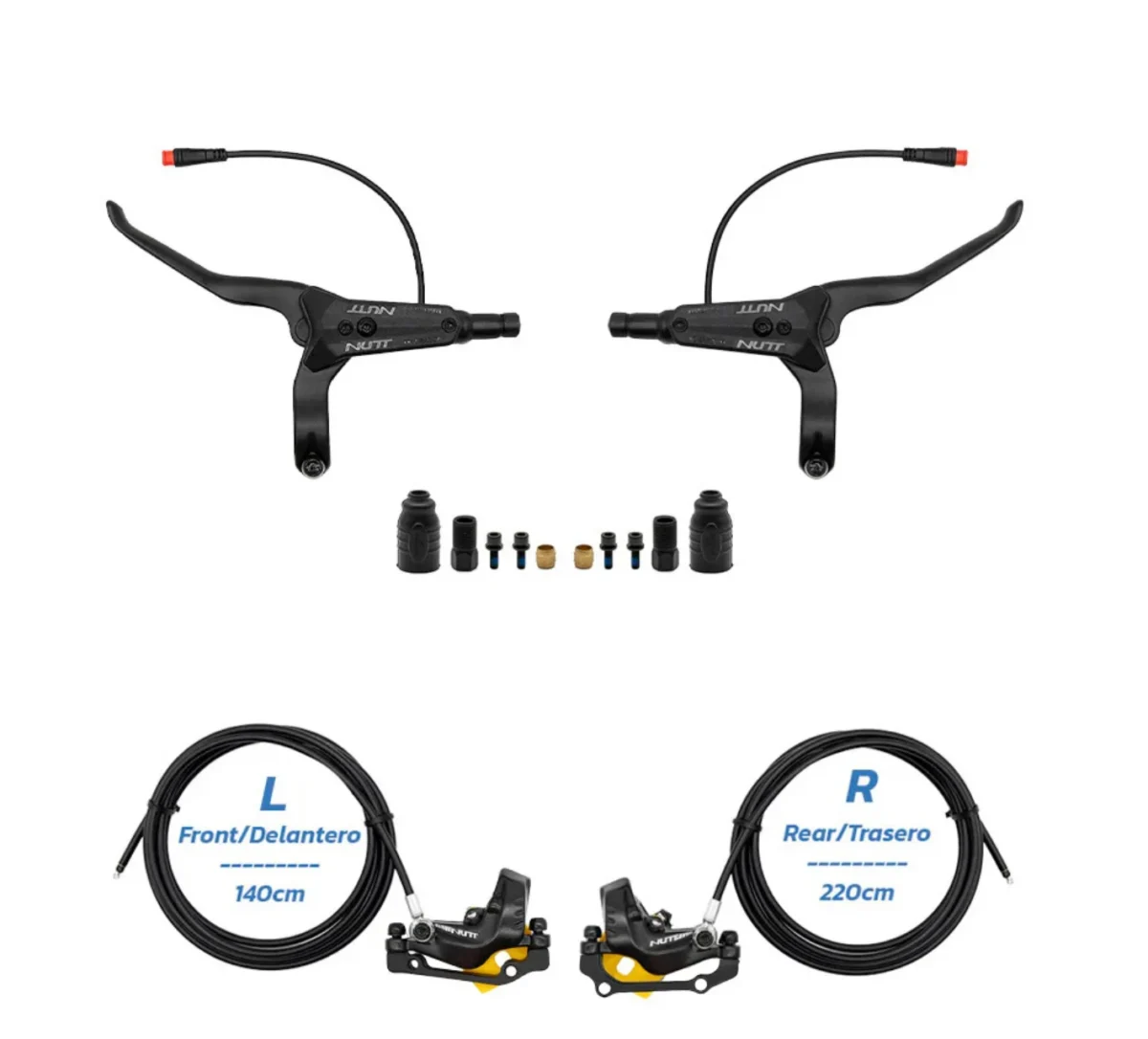 Frenos de disco NUTT de cuatro pistones delanteros izquierdo y trasero derecho (1400 + 2200 mm delanteros 140/160L, traseros 160/180R) + juego de 4 palancas de freno Y5 - Imagen 2