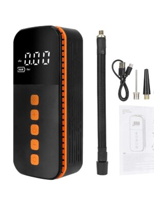 Bomba de inflado portátil multifuncional de color negro y naranja
