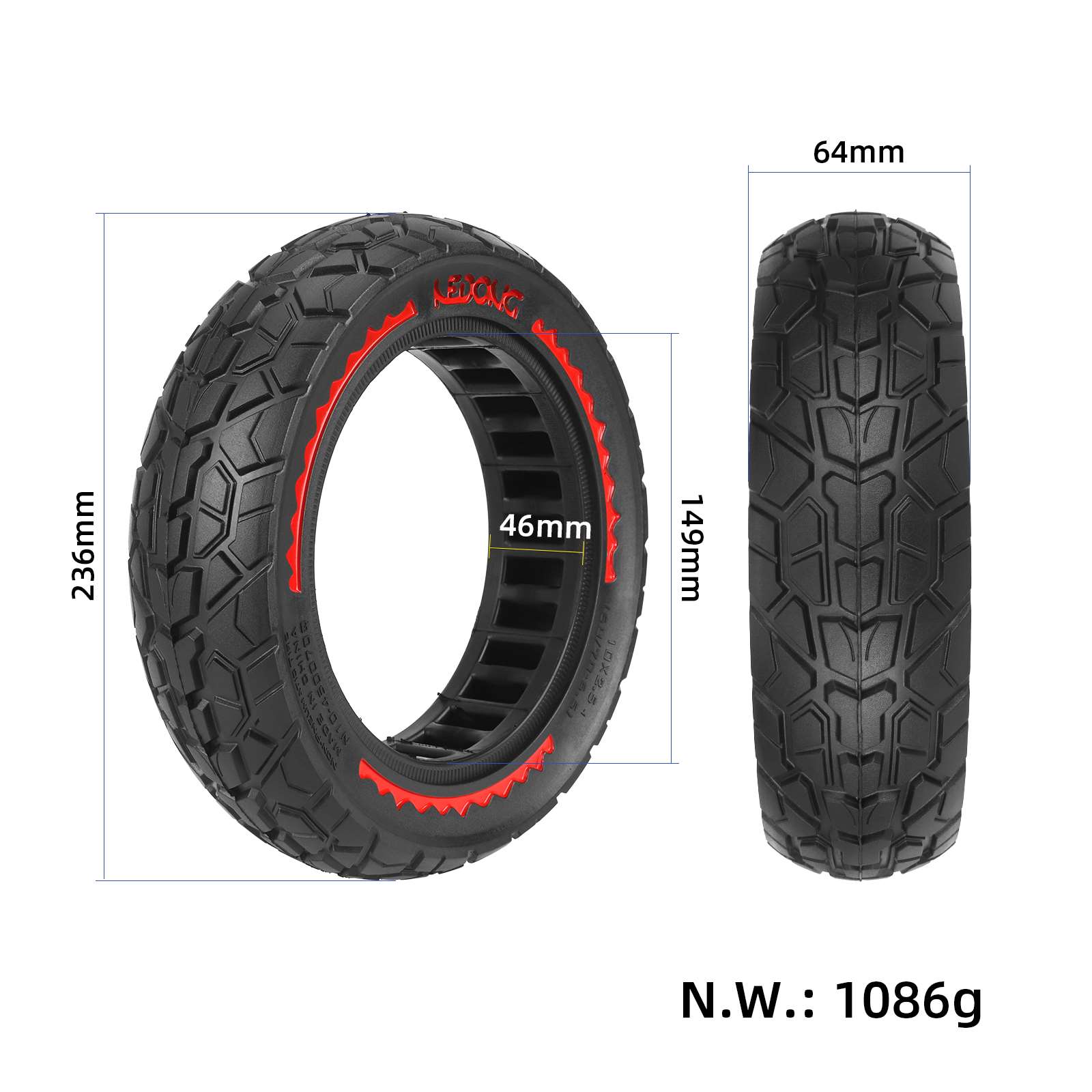 Neumático sólido NEDONG 10*2.5 (60/70-6.5) con círculo rojo y ranura de 45 mm - Imagen 2