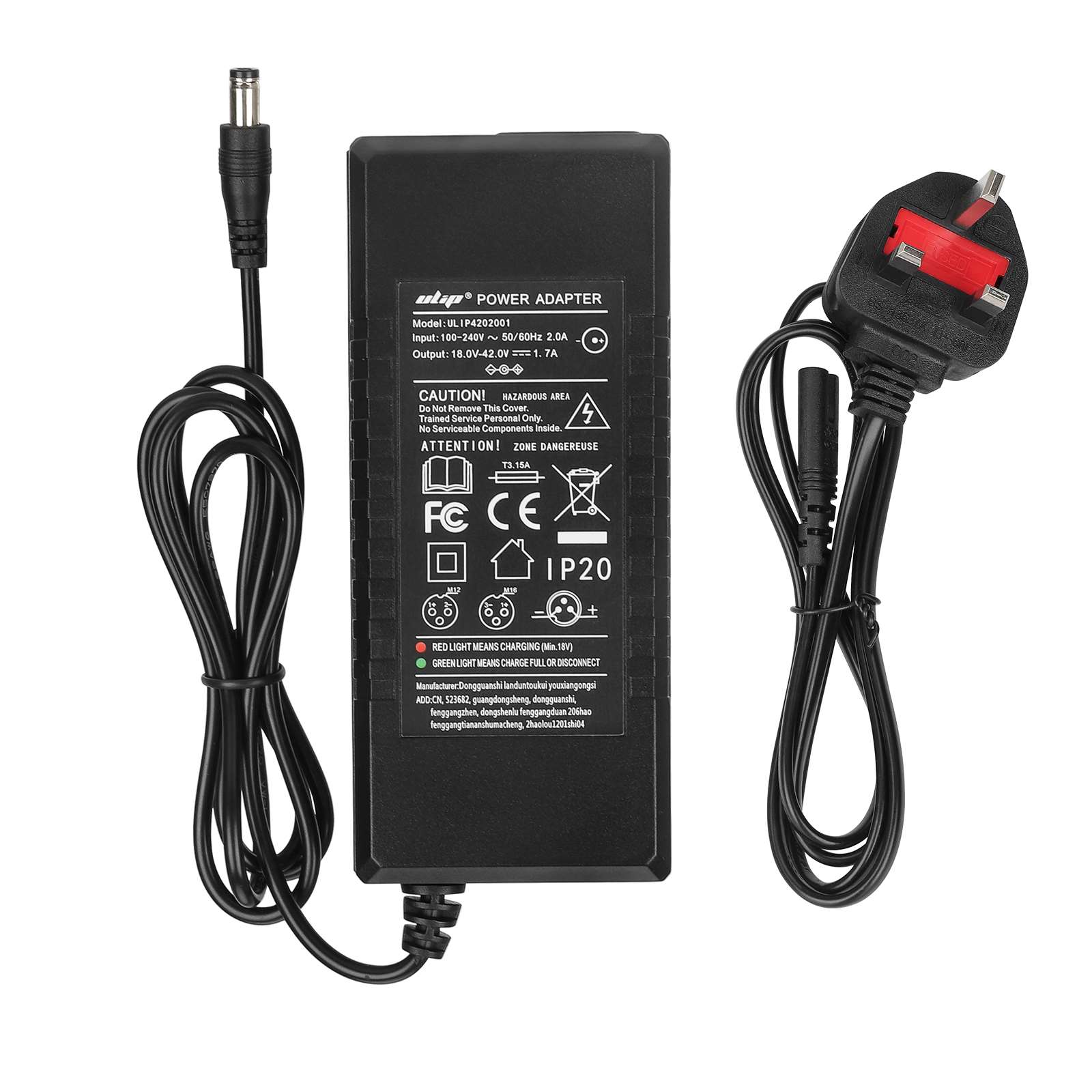 Cargador Ulip de 18 V a 42 V, 1,7 A, con certificación CE y FCC y conector DC 2,1 (enchufe británico). - Imagen 4