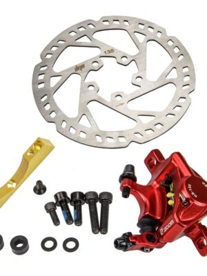 Juego de frenos Xtech rojos con disco de 135 mm y adaptador dorado