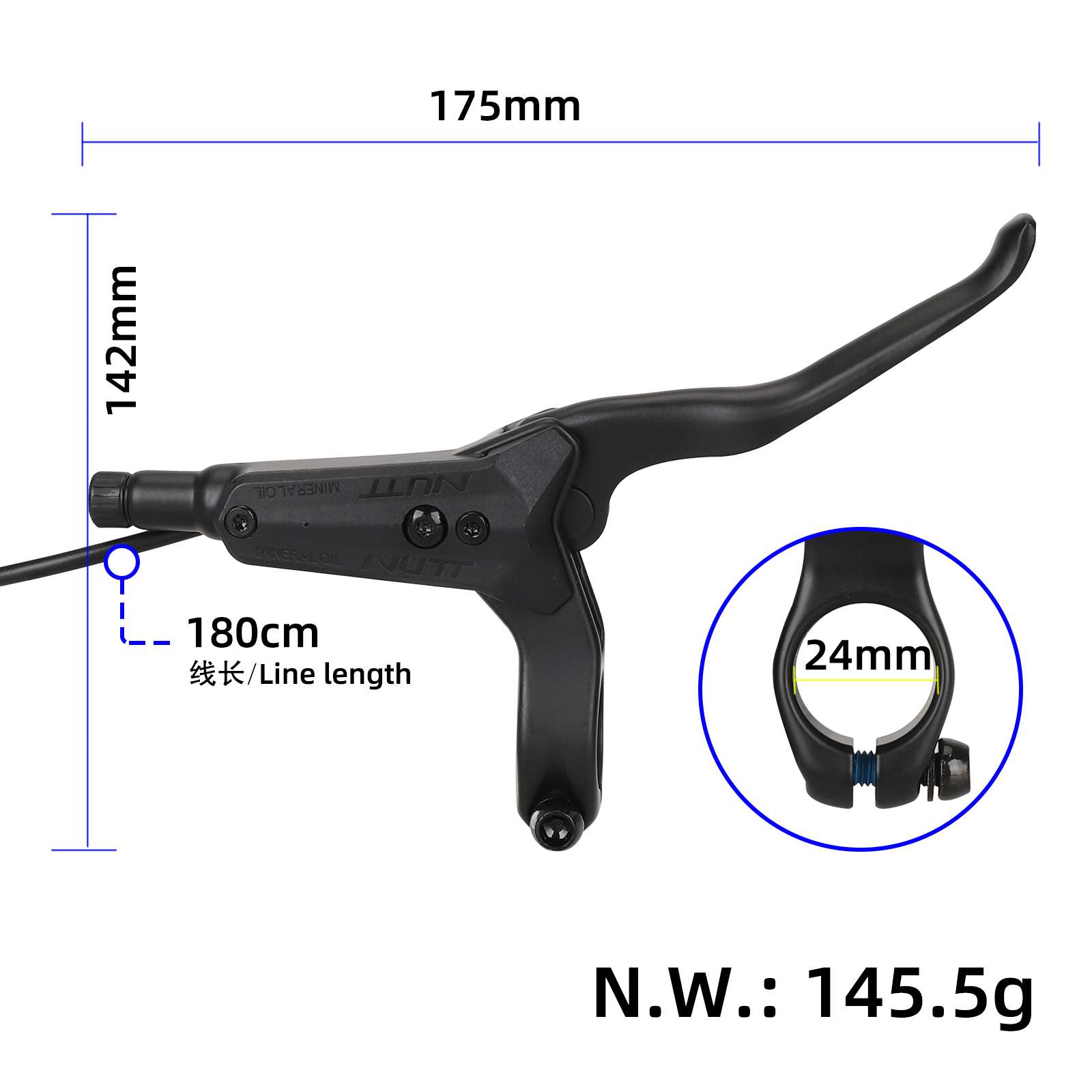 Maneta de freno derecha NUTT con cable de freno de 180cm y freno de disco hidráulico derecho con cable de 220cm - Imagen 2