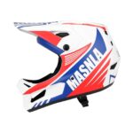 Casco todoterreno talla XXL color blanco, azul y rojo.