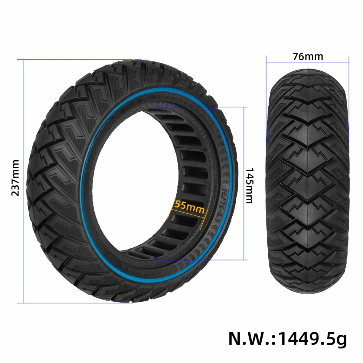 Neumático sólido Ulip70/75-6.5 con diseño de ala y línea azul - Imagen 2