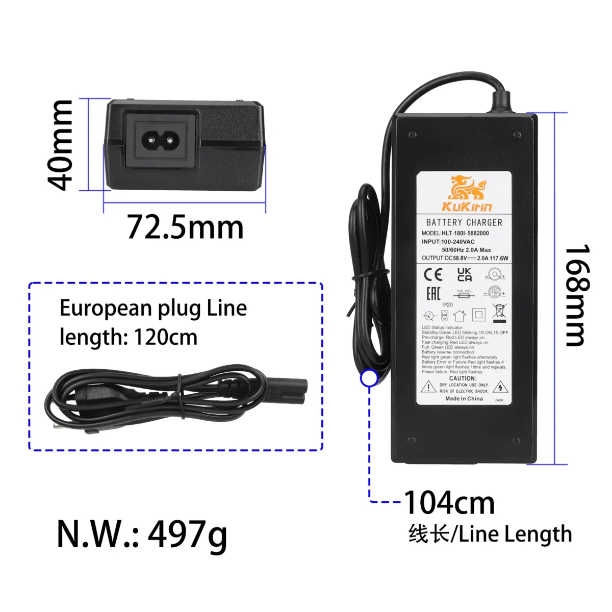 Cargador original Kukirin G2 Master/G3 Pro de 58,8 V y 2 A con cabezal CQ de 3 orificios (enchufe UE) - Imagen 2