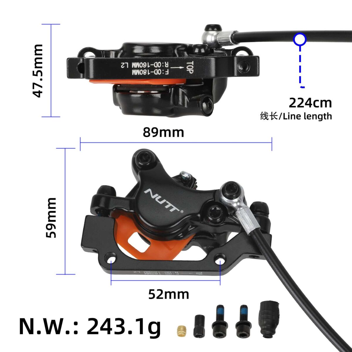 1 Kit Freno Hidráulico NUTT con cable de freno de 180cm y cámaras de aceite de 220mm - Imagen 2