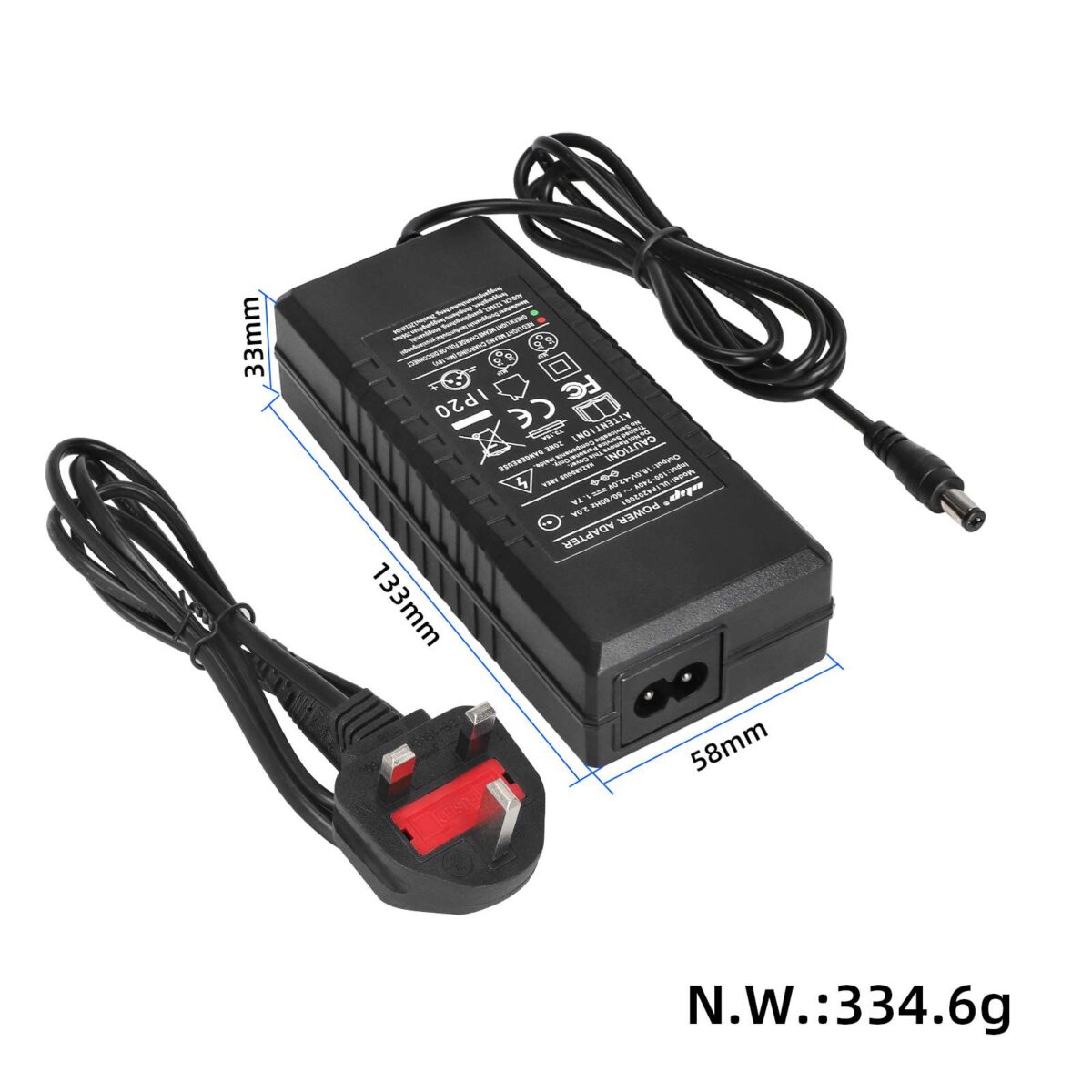 Cargador Ulip de 18 V a 42 V, 1,7 A, con certificación CE y FCC y conector DC 2,1 (enchufe británico). - Imagen 2