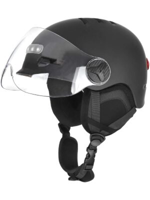 Casco de invierno negro a prueba de viento con luces delanteras y traseras.
