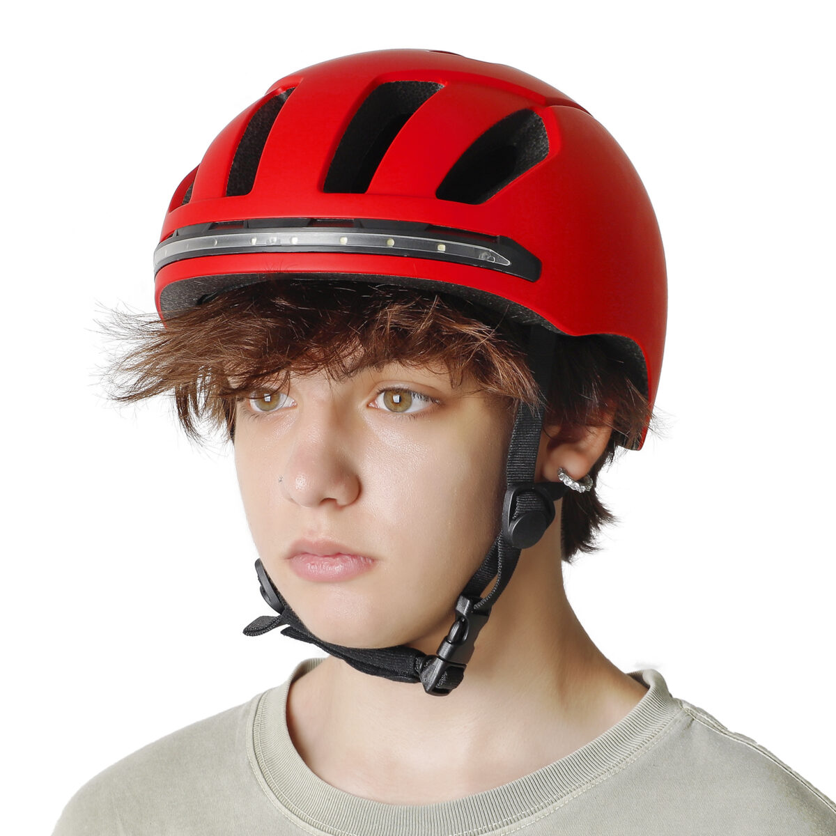 Casco inteligente rojo con control remoto inalámbrico en el manillar - Imagen 6