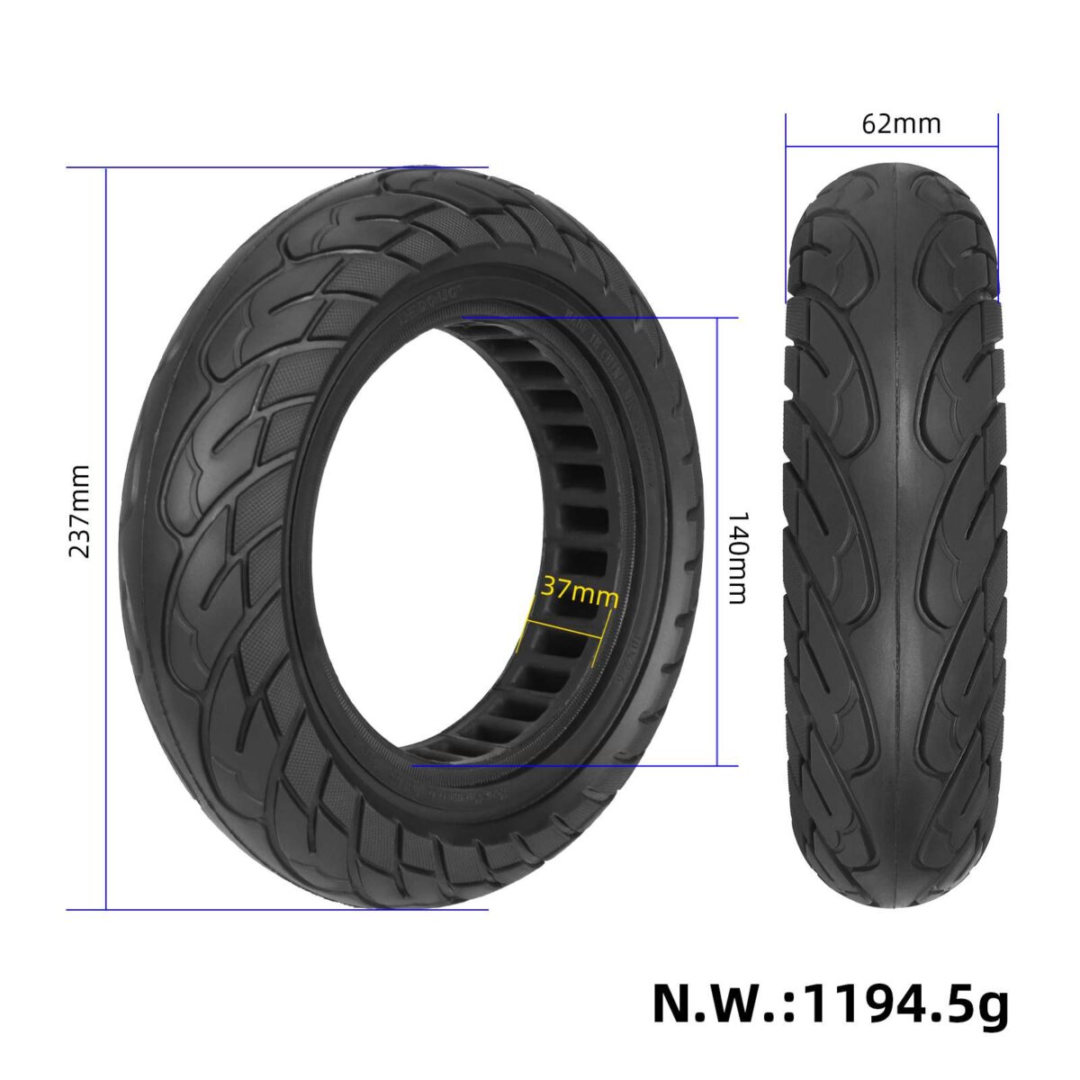 Neumático sólido negro de 10 x 2,5 con ranura de 37 mm - Imagen 2