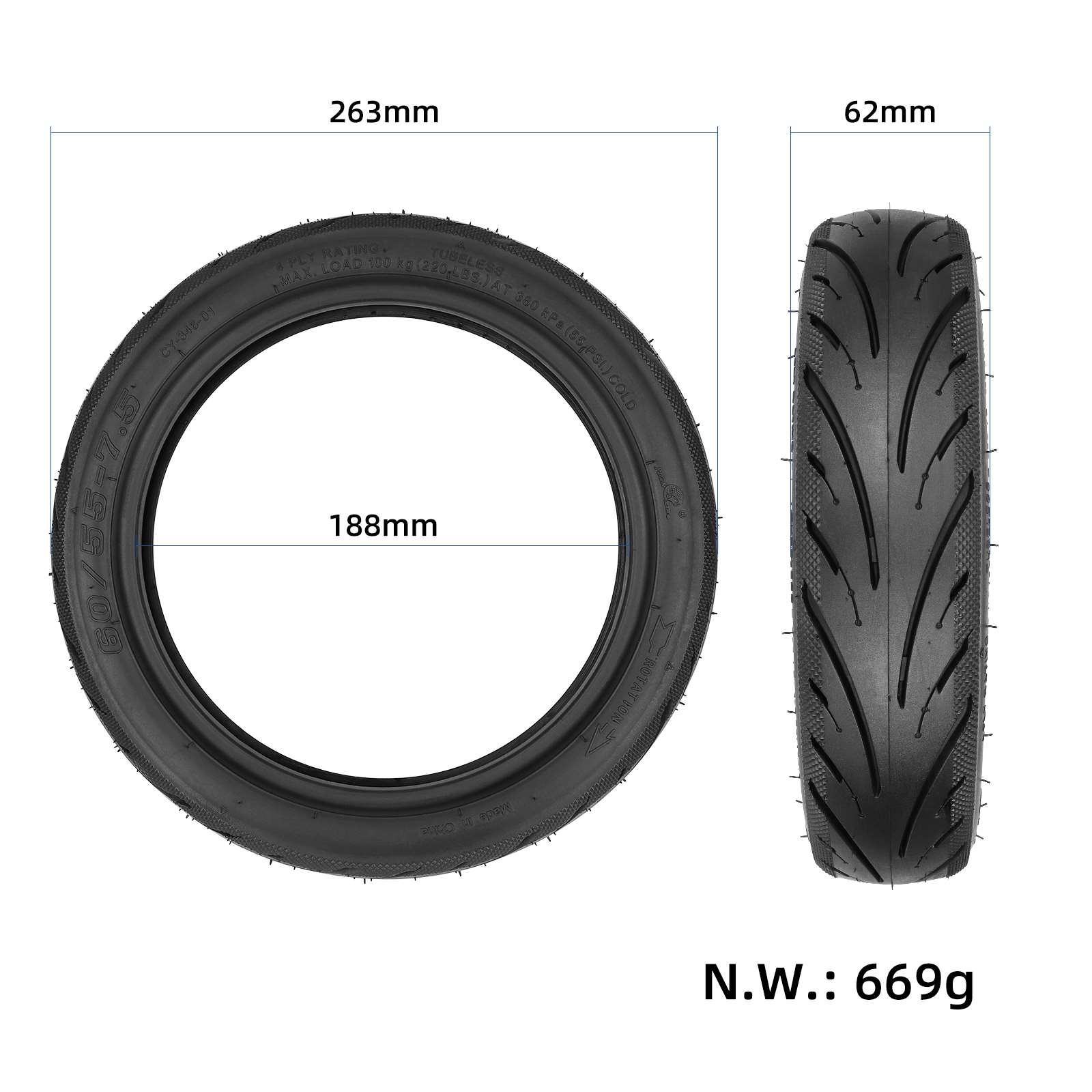Neumático sin cámara Yuanxing 60/55-7.5 - Imagen 2