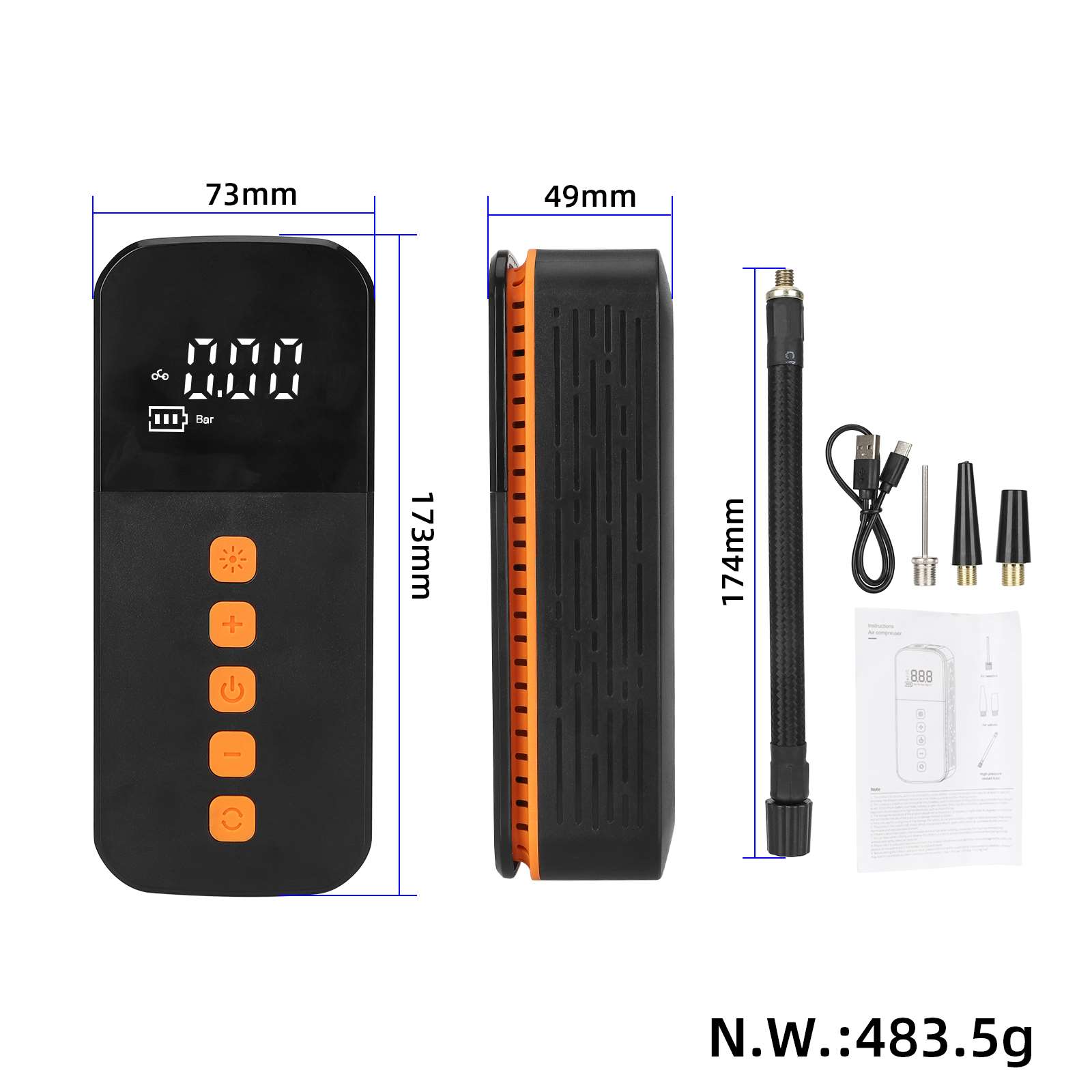 Bomba de inflado portátil multifuncional de color negro y naranja - Imagen 2