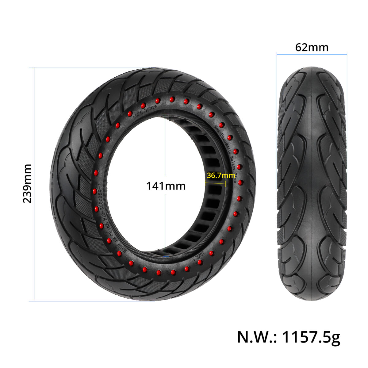 Neumático sólido con orificio de punto rojo de 10 x 2,5 (ranura para tarjeta de 37 mm) - Imagen 2
