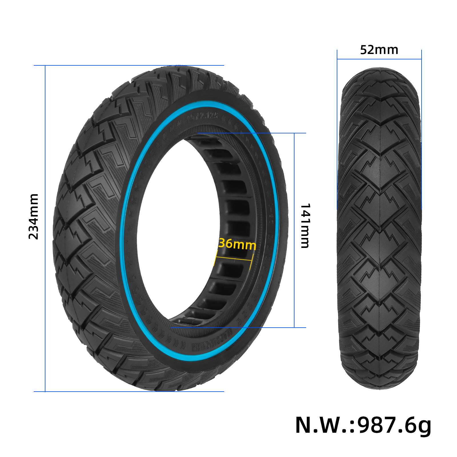 Neumático sólido todoterreno Ulip 10*2.125 con círculo azul (diámetro interior de 141 mm y ranura de 36 mm) - Imagen 2