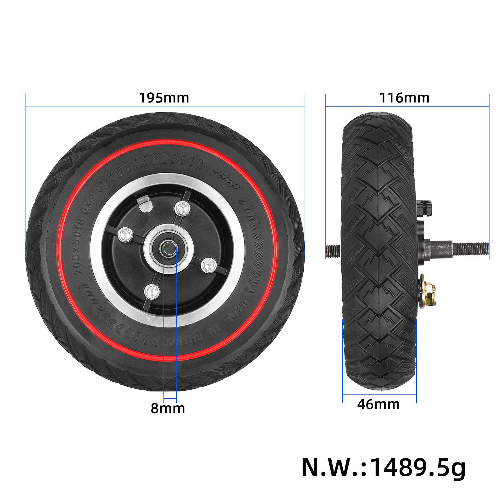 Rueda de freno de tambor de 8 pulgadas 200*50 (con eje) + neumático todoterreno sólido con patrón de ala de línea roja Ulip200*50 (instalado) - Imagen 2