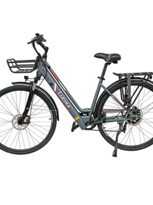 Bicicleta eléctrica urbana Antares gris 700C con marco de aluminio y frenos de disco