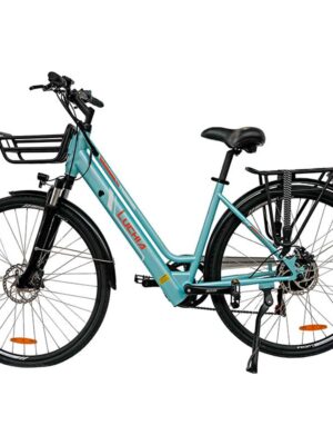 Bicicleta eléctrica urbana Antares azul 700C con marco de aluminio y frenos de disco