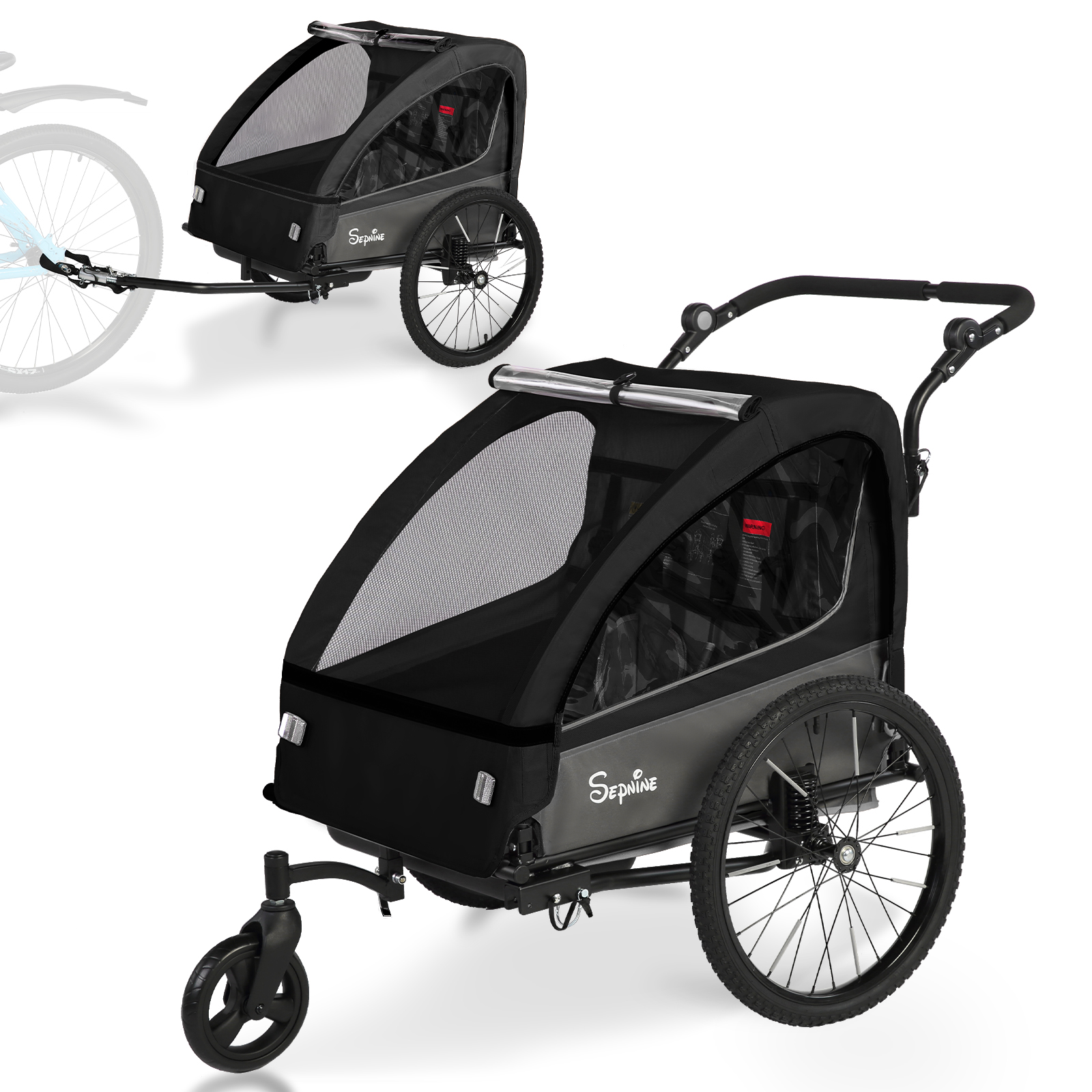 1-5.jpg Colgador para niños y carrito para niños 2 en 1 con Federung, colgador para niños de 1 a 2 niños, función de jogging, barra de apoyo, cesta de almacenamiento - Imagen 1