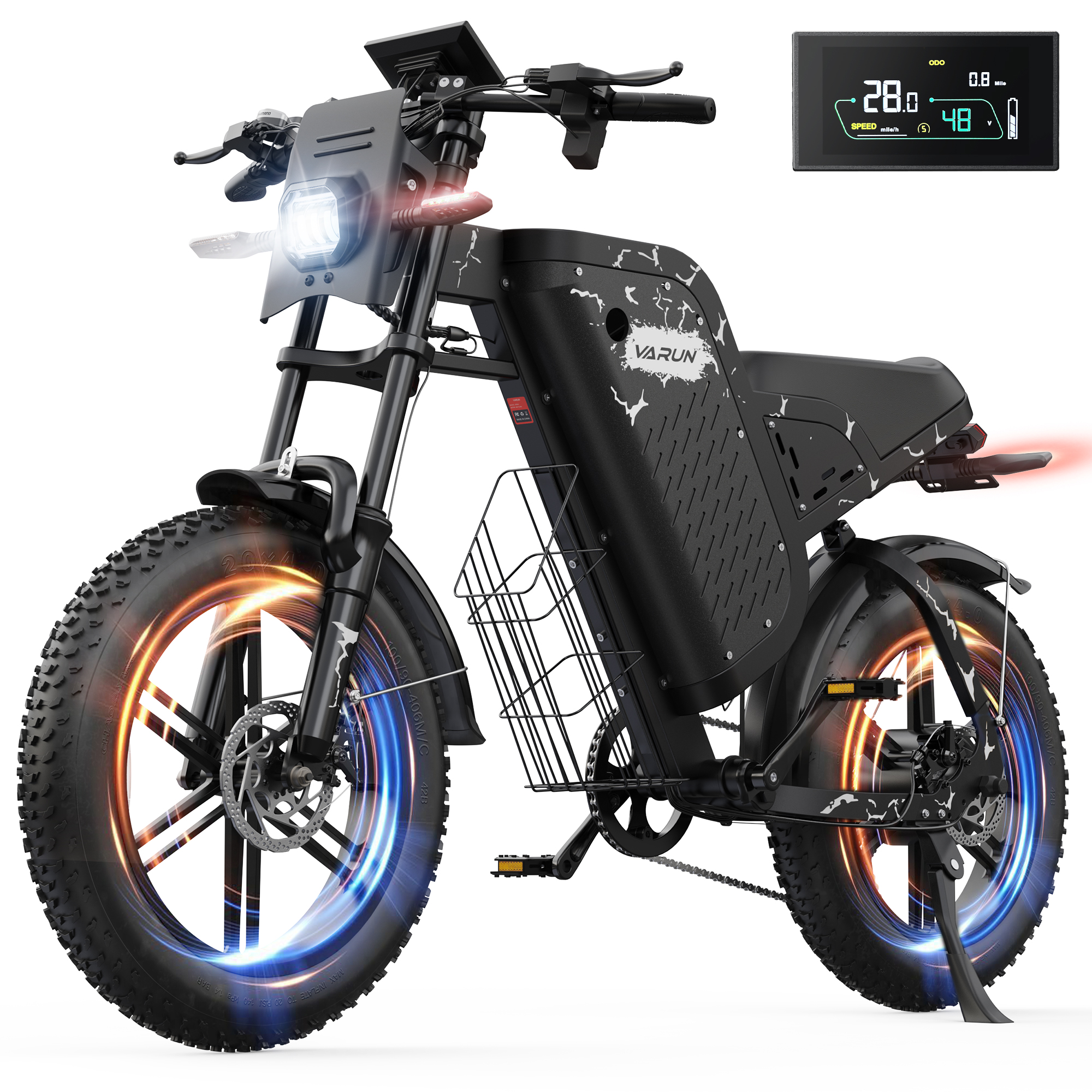Bicicleta eléctrica Fat Bike de 20 pulgadas para adultos con batería de 48 V 31,5 Ah, autonomía de 87 millas, suspensión y luces de giro.