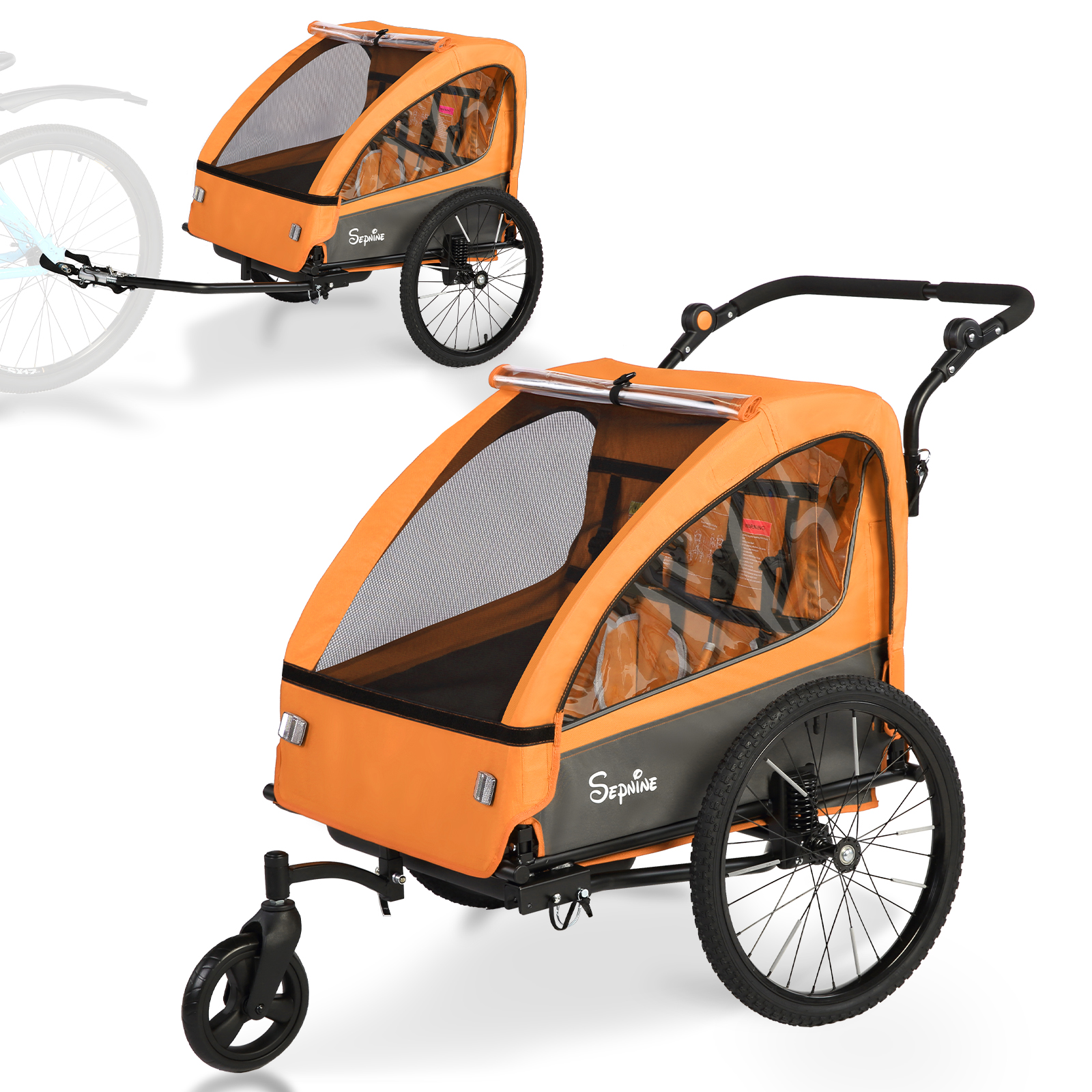 2-4.jpg Colgador para niños y carrito para niños 2 en 1 con Federung, colgador para niños de 1 a 2 niños, función de jogging, barra de apoyo, cesta de almacenamiento - Imagen 1