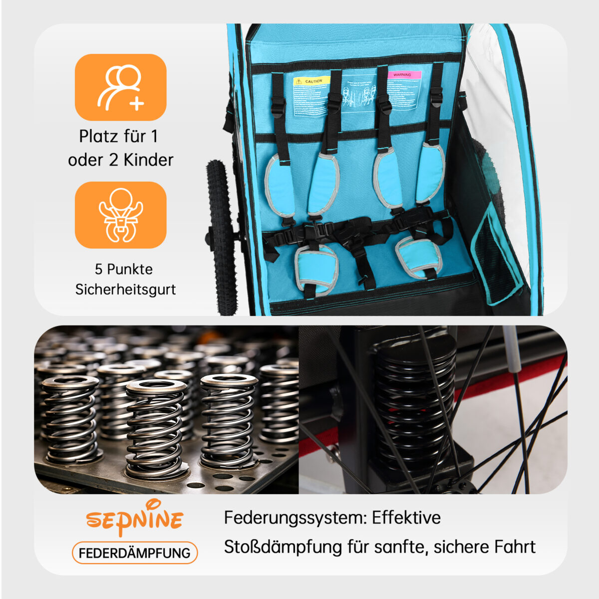 Colgador para niños y carrito para niños 2 en 1 con Federung, colgador para niños de 1 a 2 niños, función de jogging, barra de apoyo, cesta de almacenamiento - Imagen 5