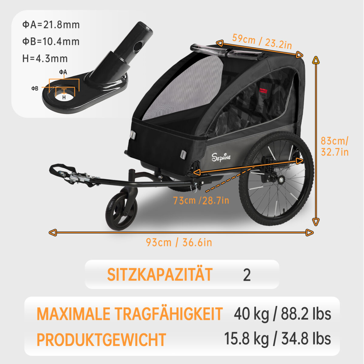 Colgador para niños y carrito para niños 2 en 1 con Federung, colgador para niños de 1 a 2 niños, función de jogging, barra de apoyo, cesta de almacenamiento - Imagen 6