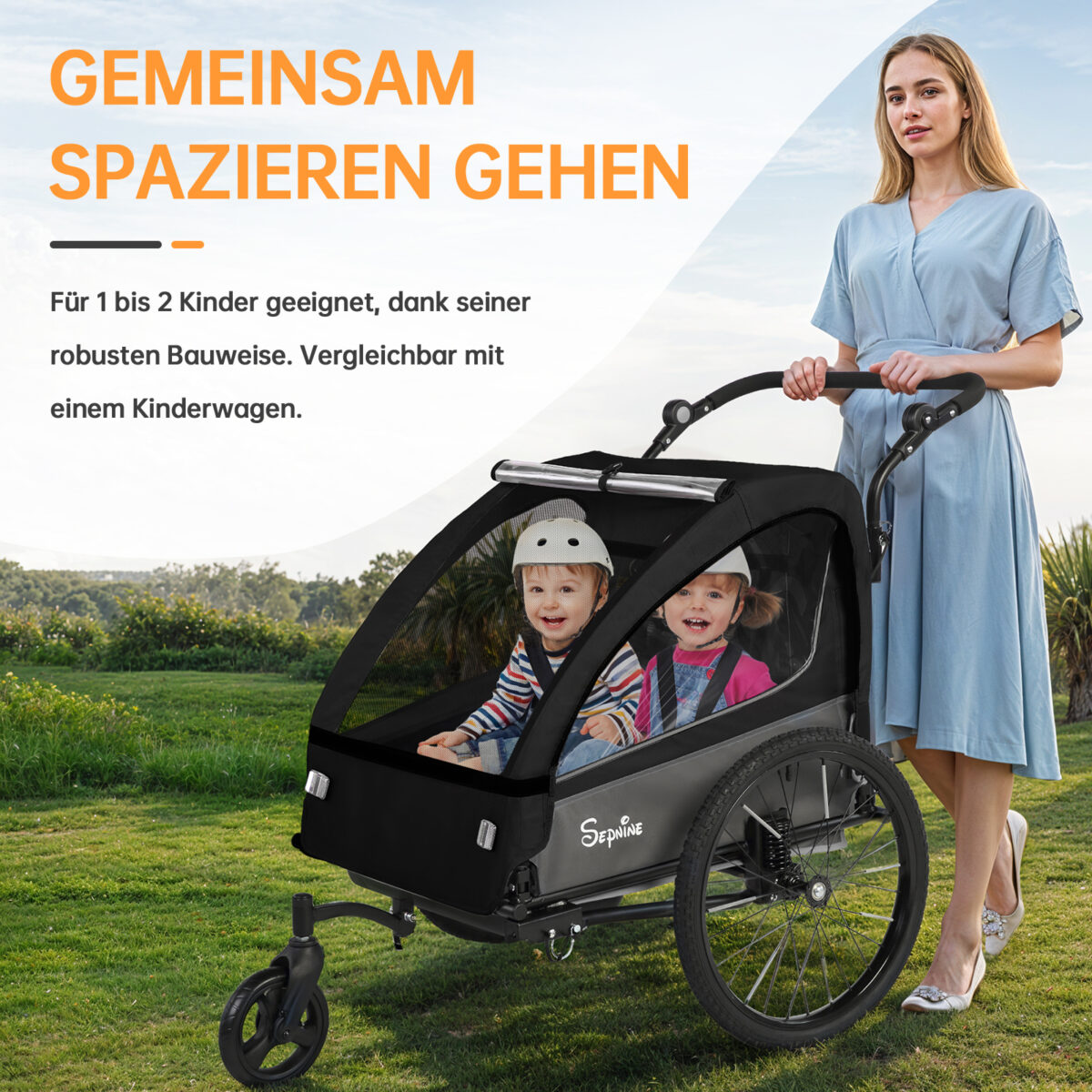 Colgador para niños y carrito para niños 2 en 1 con Federung, colgador para niños de 1 a 2 niños, función de jogging, barra de apoyo, cesta de almacenamiento - Imagen 7