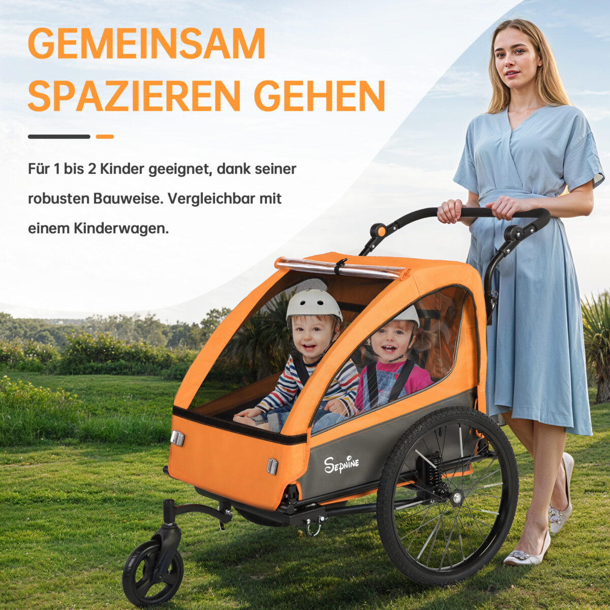 Colgador para niños y carrito para niños 2 en 1 con Federung, colgador para niños de 1 a 2 niños, función de jogging, barra de apoyo, cesta de almacenamiento - Imagen 7
