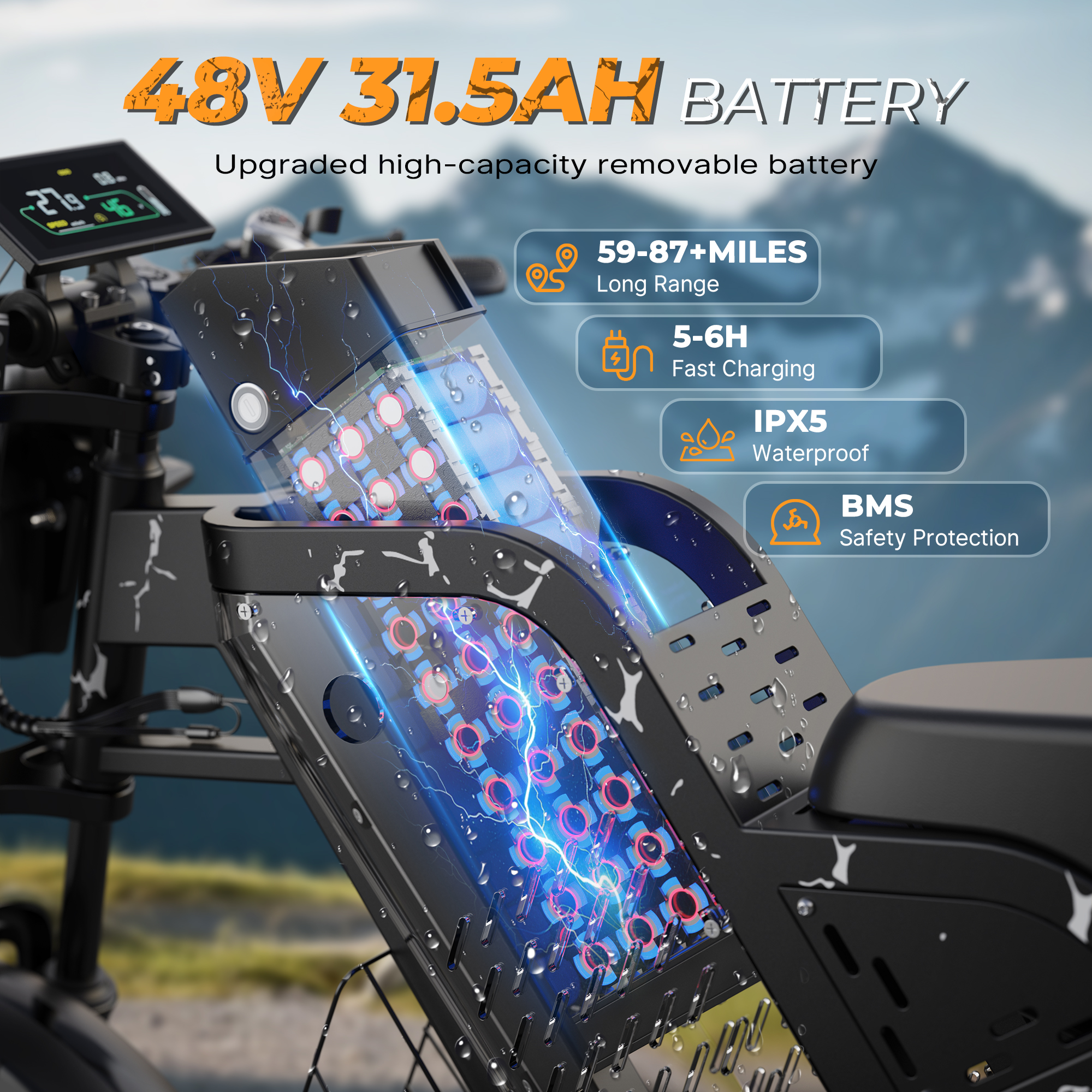 Bicicleta eléctrica Fat Bike de 20 pulgadas para adultos con batería de 48 V 31,5 Ah, autonomía de 87 millas, suspensión y luces de giro. - Imagen 3